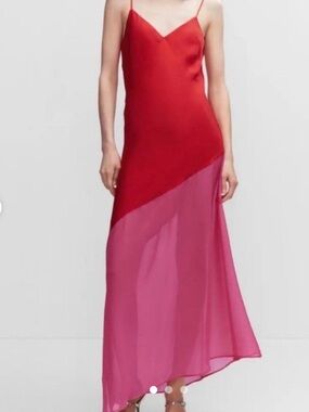 Mango Red & Pink Colorblock Slip Dress